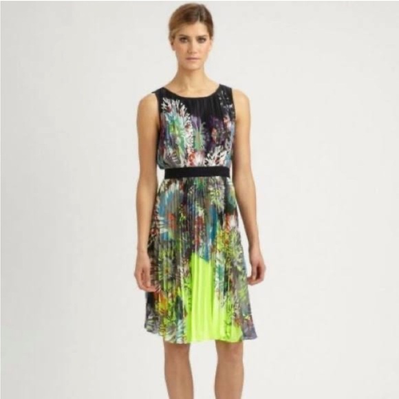 BCBGMAXAZRIA Sierra Dress, Pleated Multi Colour Floral Print Dress Neon, Size S - Picture 3 of 12